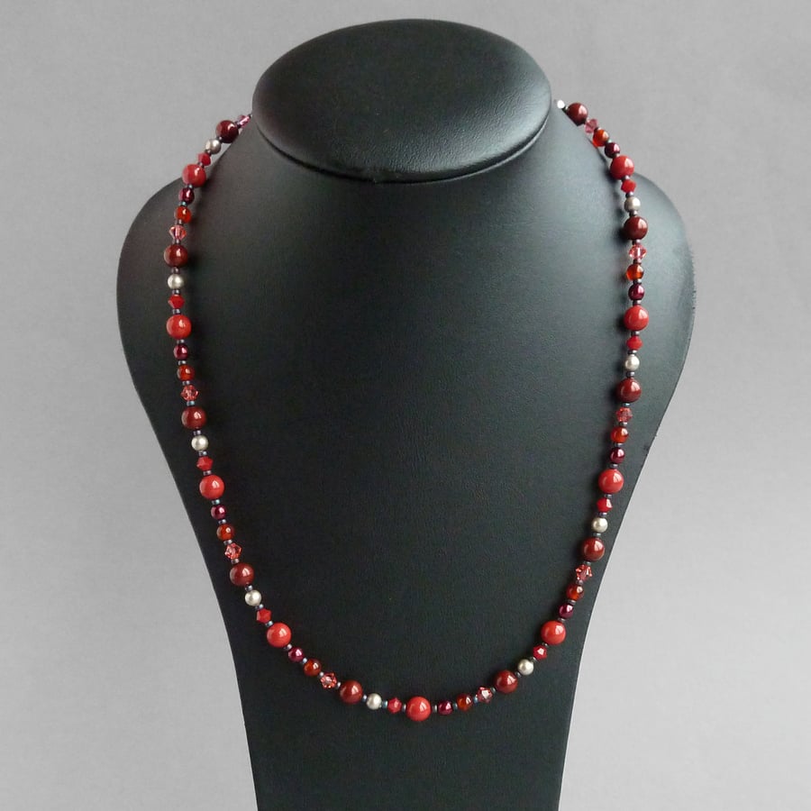 Coral Red Everyday Necklace - Red and Burgundy Pearl Jewellery - Beaded Gifts