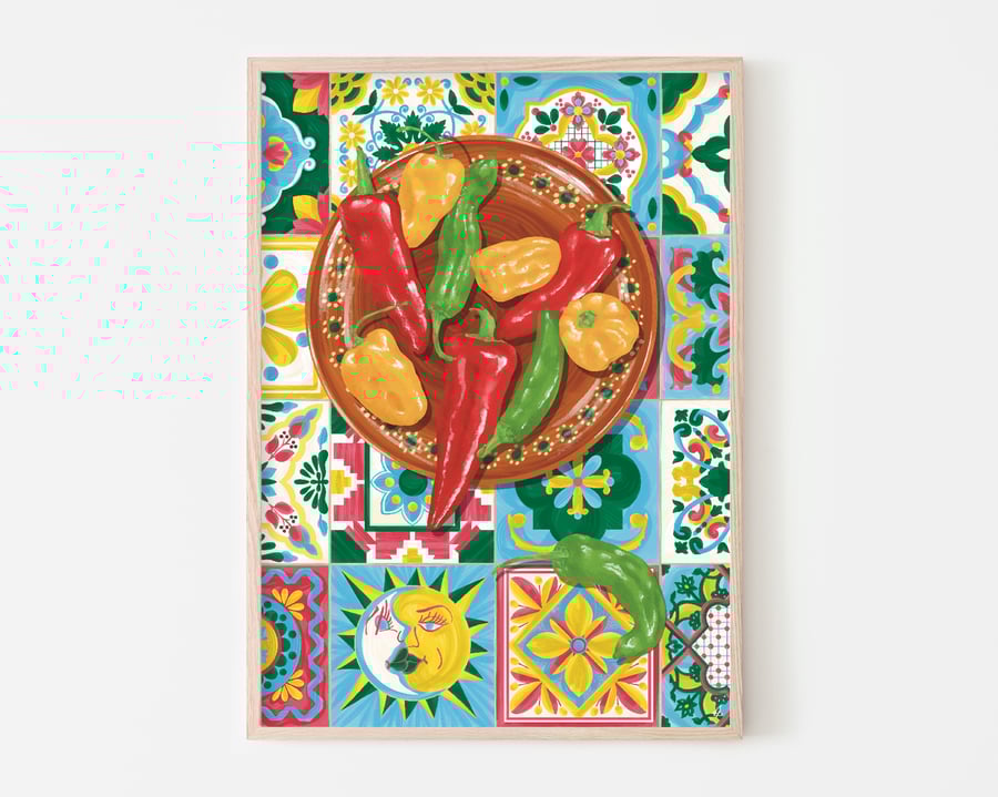 Mexican Chillis Art Print, Chillis Poster, Mexico Poster, Talavera Tiles