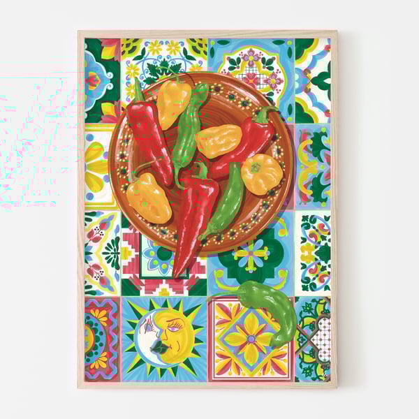 Mexican Chillis Art Print, Chillis Poster, Mexico Poster, Talavera Tiles