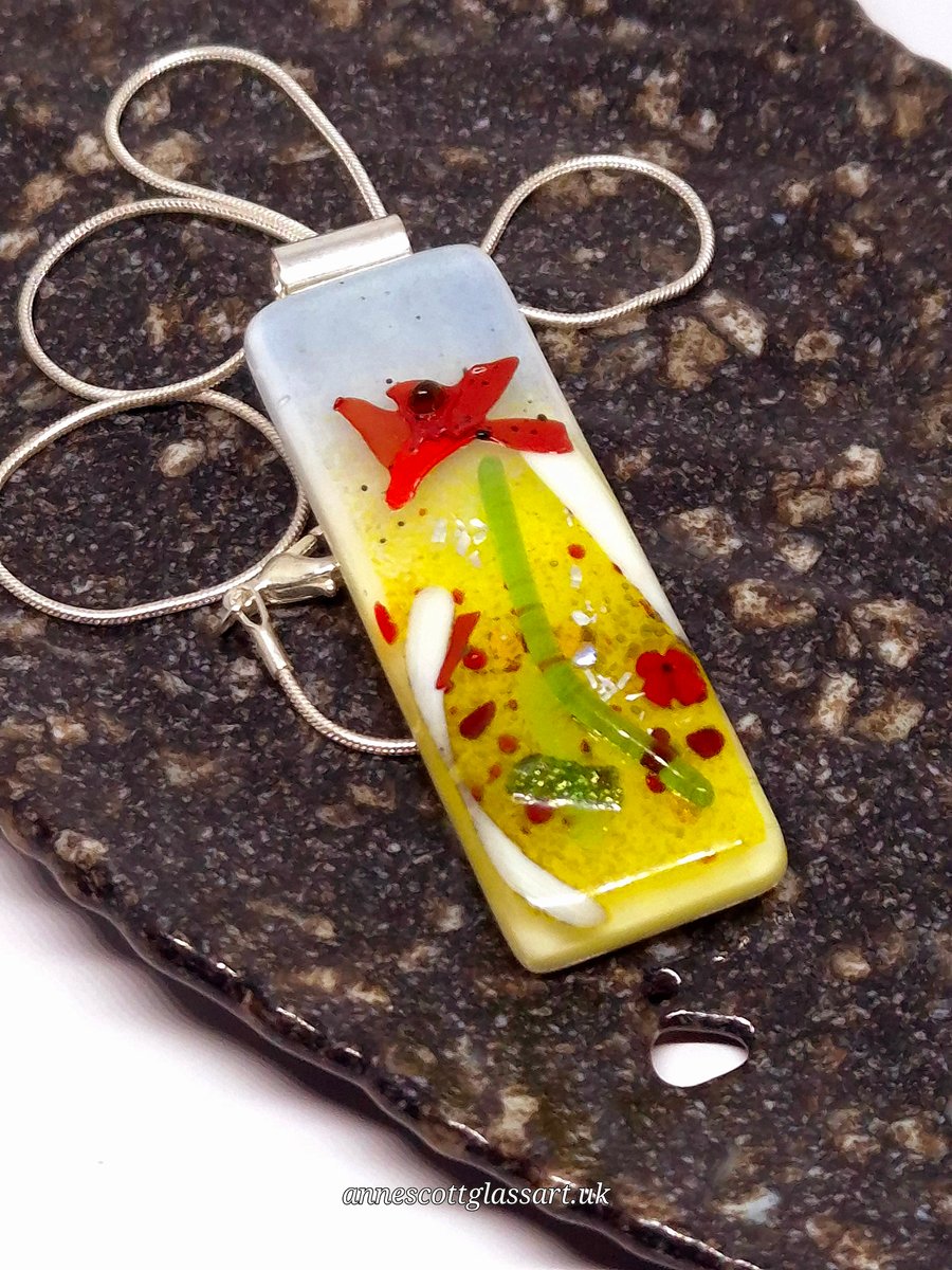 Handmade Fused Glass Pendant Necklace Poppy-field Red Poppy (C)