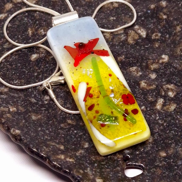 Handmade Fused Glass Pendant Necklace Poppy-field Red Poppy (C)