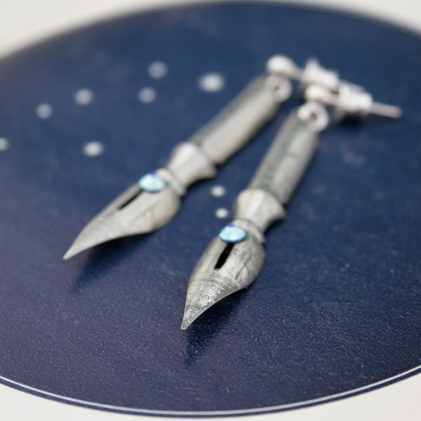 Silver Dangling Fountain Pen Nibs Earrings 