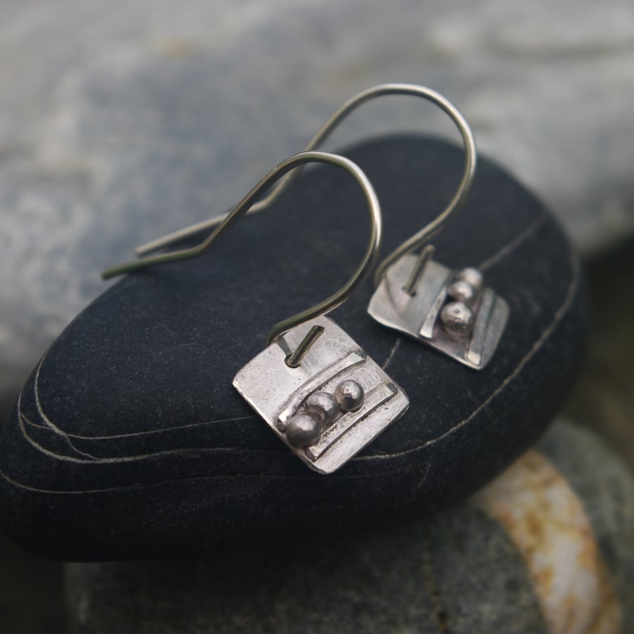 Silver Square Beach Pebble Earrings