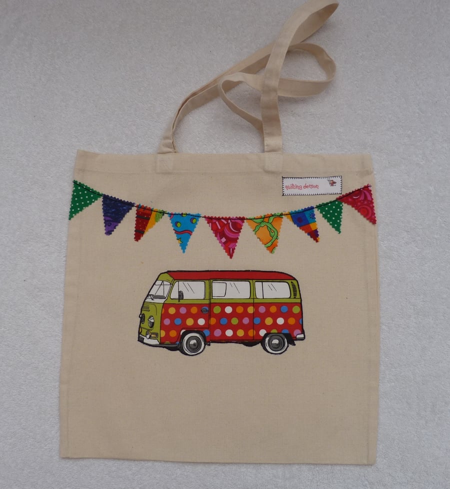 Spot Applique VW Camper Van and Bunting Cotton Canvas Bag with Handles
