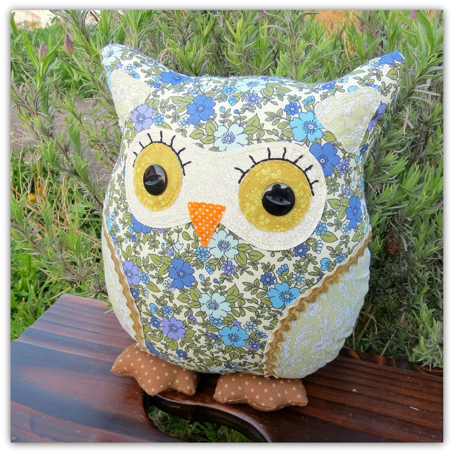 Bluebell, a 24cm tall owl cushion.  Owl pillow.  9.4 inches tall.  Spring.