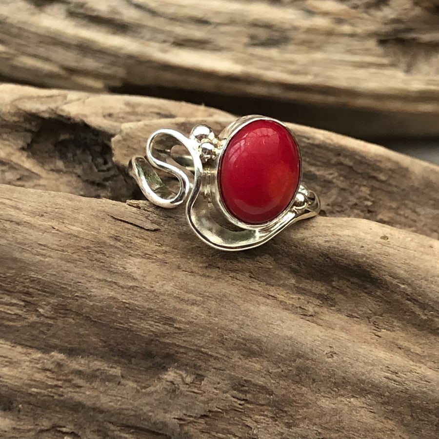 10x8mm red bamboo coral sterling silver wave ring 00003126
