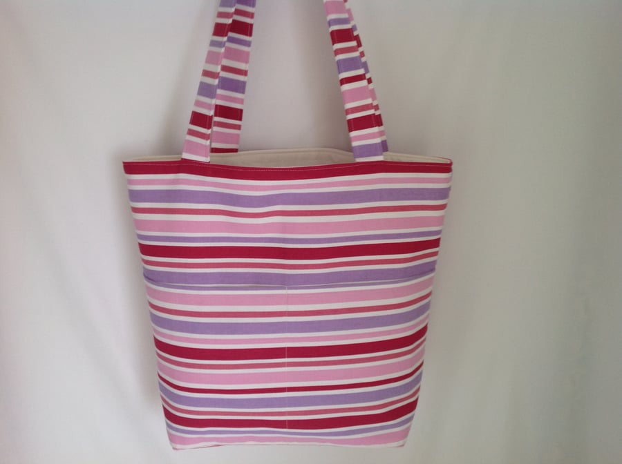 Stripe Tote Bag with External Front Pockets,  Shopping Bag, Beach Bag