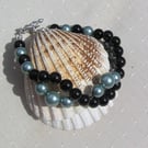 SALE -  Black Onyx & Green Shell Pearl Gemstone Wave Bracelet