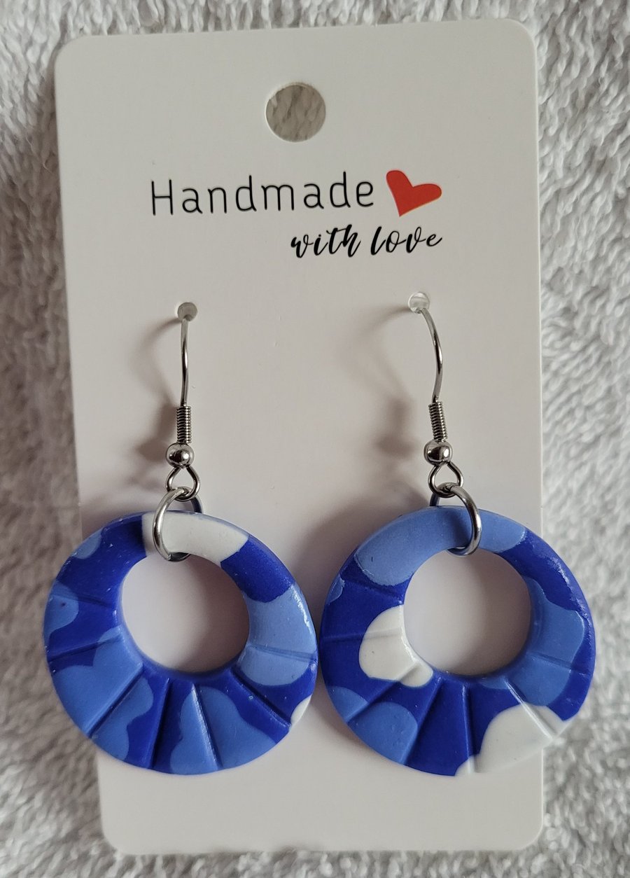 Handmade Polymer Clay Blue Hoop Earrings, 316 Surgical Stainless Steel