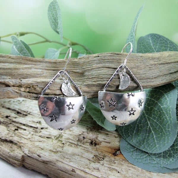 Sterling Silver Moon and Stars Earrings, Stamped Recycled Silver Droppers