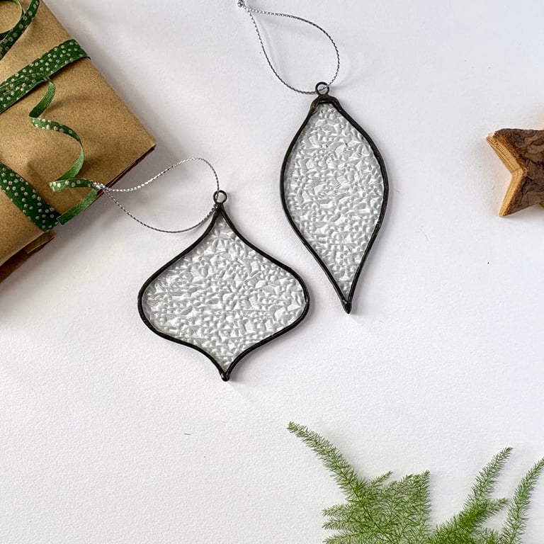 Set of two frost textured stained glass Christmas baubles, Christmas decor