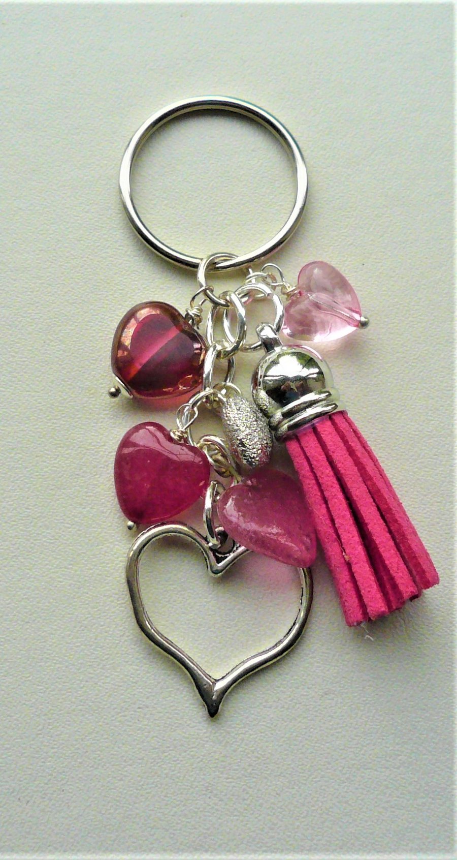 Keyring Bag Charm Soft Pink Glass Agate Bead Silver Heart Tassel  KCJ1686