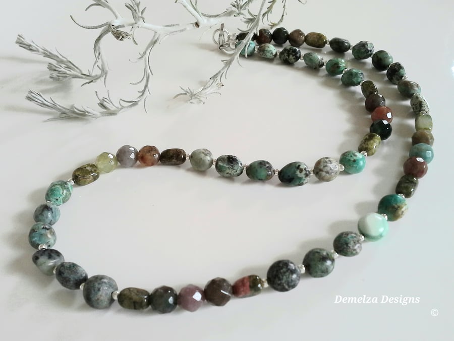 African Turquoise (Stabilised),  Jasper ; Unikite Sterling Silver Necklace