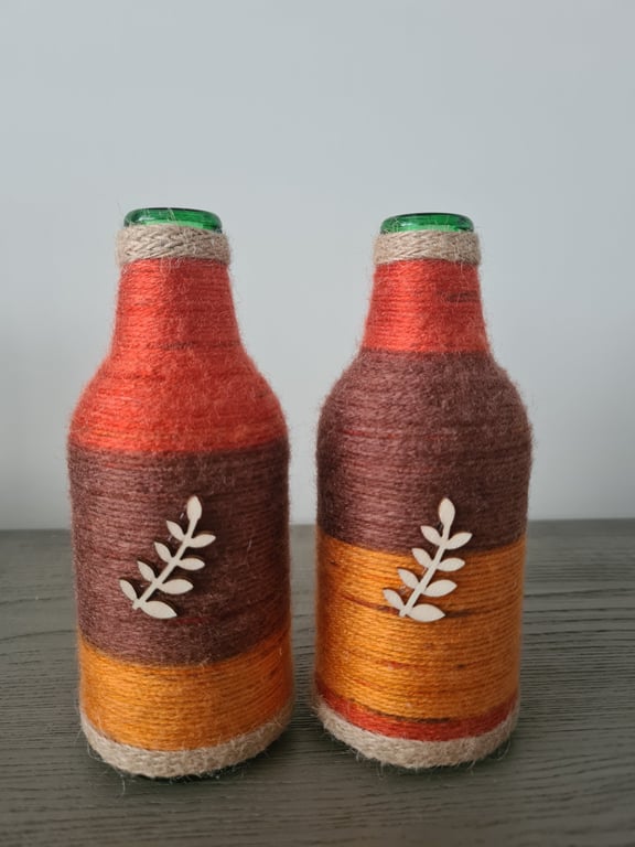 Handmade Autumn Yarn Wrapped Glass Bottle Vases - Set of 2 - Rustic Leaf Detail