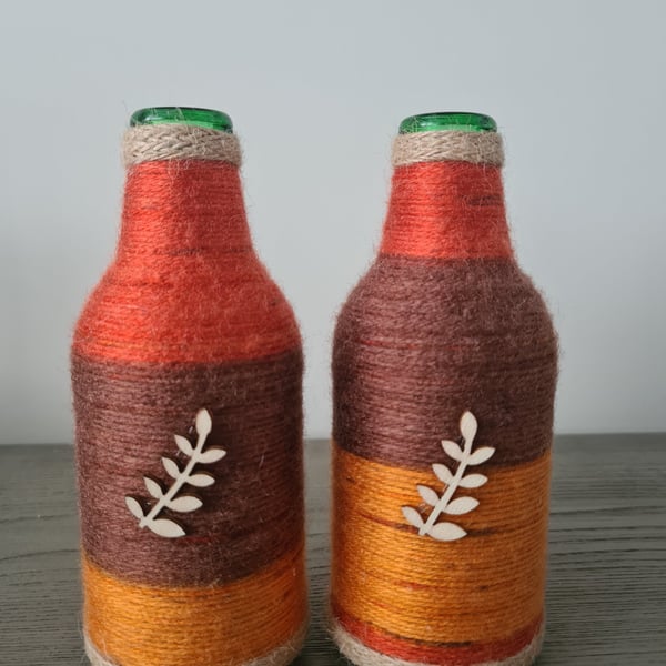 Handmade Autumn Yarn Wrapped Glass Bottle Vases - Set of 2 - Rustic Leaf Detail