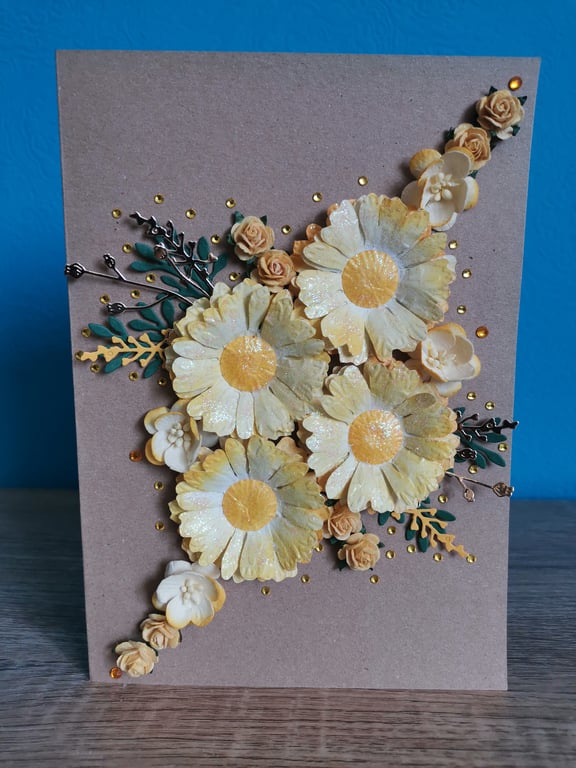 Yellow luxurious flowers  large luxury handmade keepsake greeting card with box 