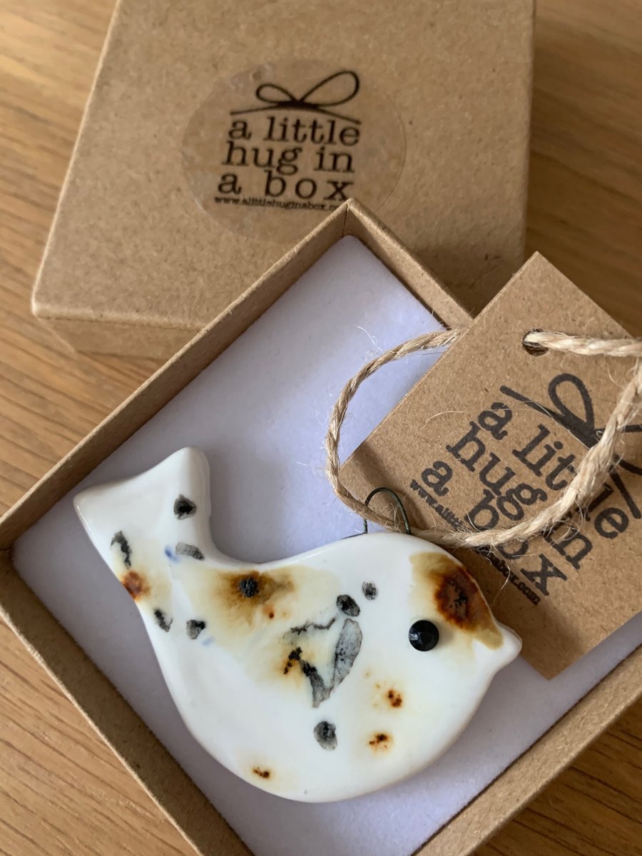  A Little Hug in a Box Hand Made Snow Leopard Speckled Porcelain Bird  