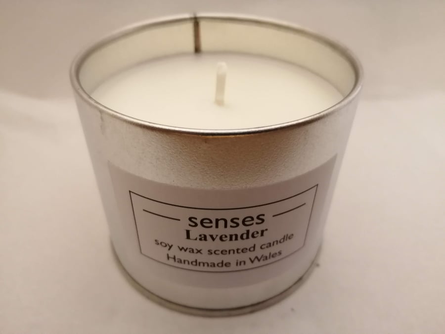 Lavender essential oil scented soy wax candle tin handmade in mid Wales