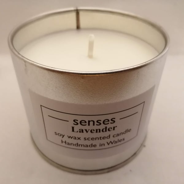 Lavender essential oil scented soy wax candle tin handmade in mid Wales