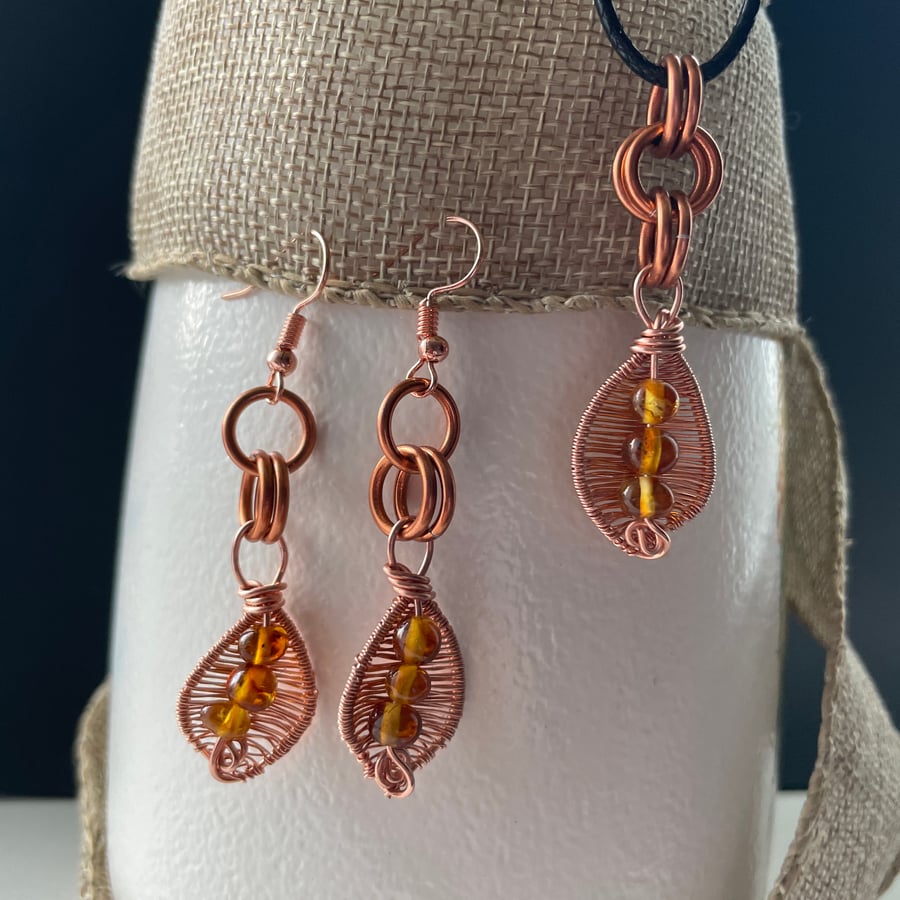 Beautiful Amber Copper Leaf Earrings and Pendant