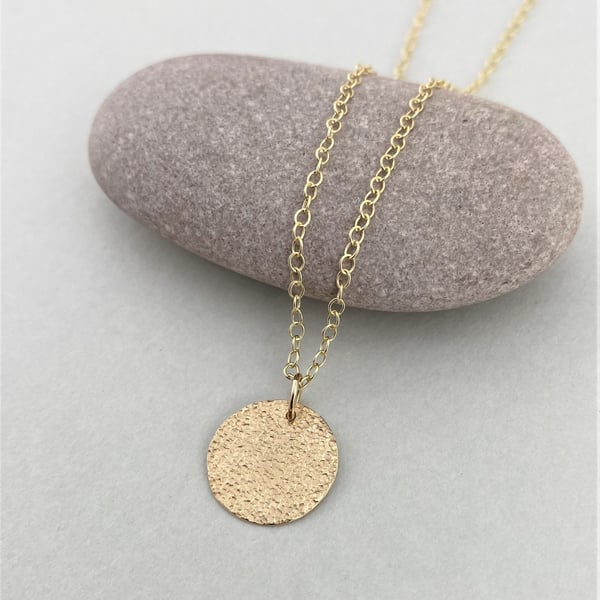 Small Solid Textured 9ct Gold Minimalist Circular Hammered Disc Necklace