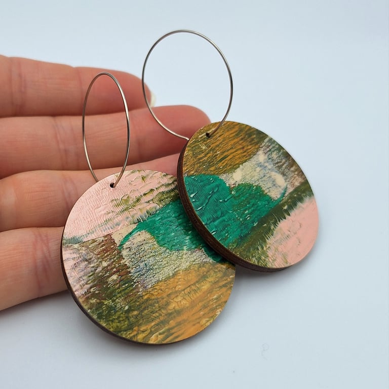 Large mustard, pale pink, off white, gold and green wooden disc earrings