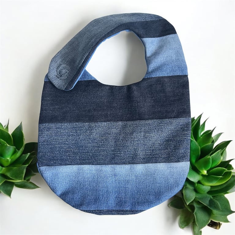 Denim toddler bib upcycled stripy side fastening 