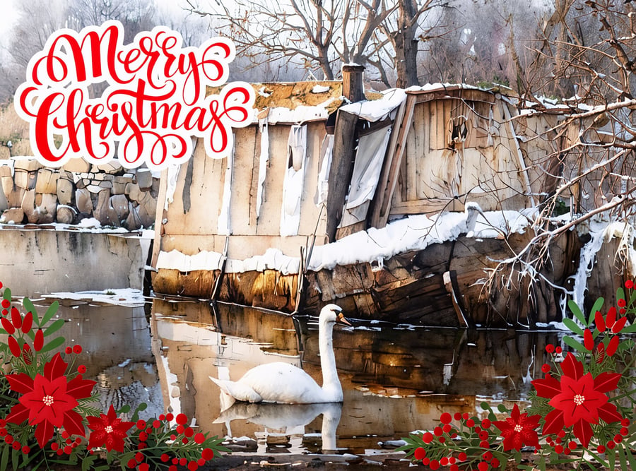 Swan & Boat Nordelph Norfolk Christmas Greeting Card A5