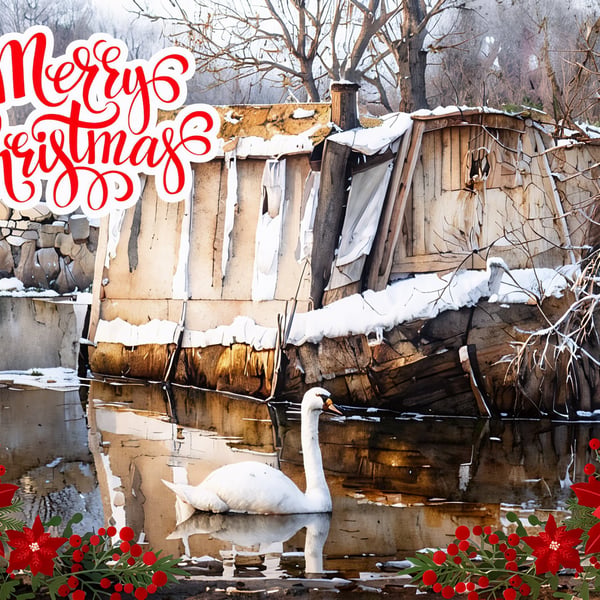 Swan & Boat Nordelph Norfolk Christmas Greeting Card A5