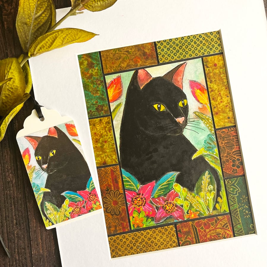 Black cat painting, gift for cat lover, boho style art, cat artwork