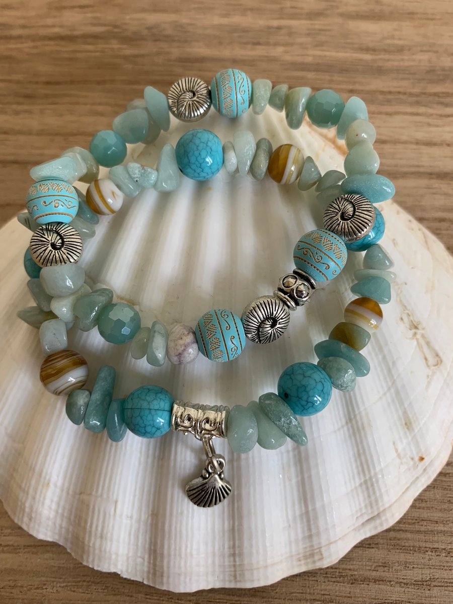 Sea Glass, Agate Turquoise, Silver Clam Shell Charm Stacking Bracelets 