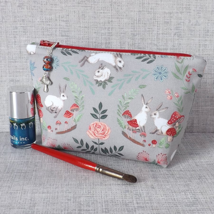 Make up bag, zipped pouch, rabbits, mushrooms