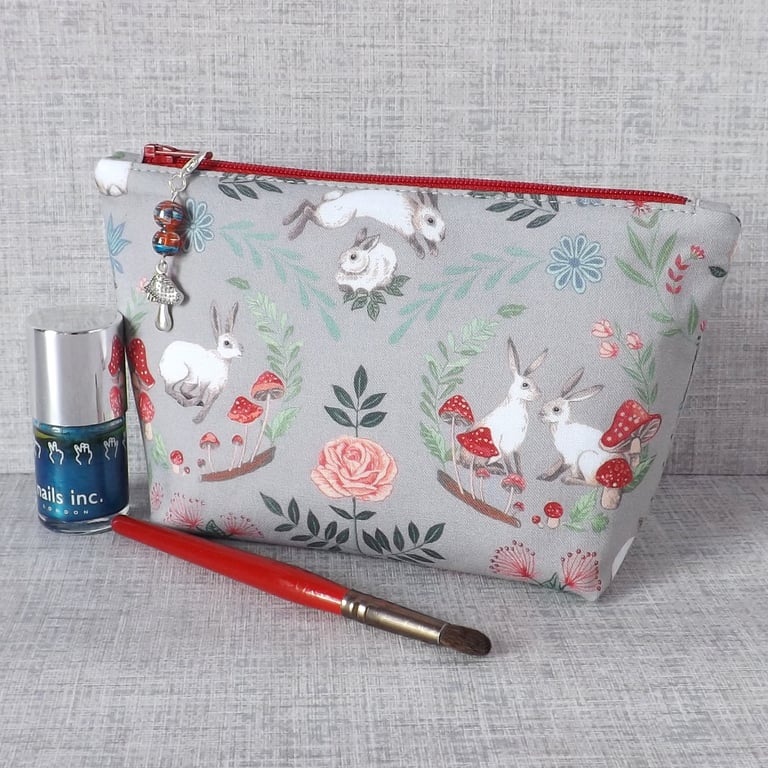 Make up bag, zipped pouch, rabbits, mushrooms