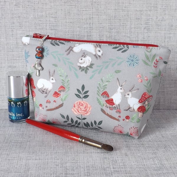 Make up bag, zipped pouch, rabbits, mushrooms