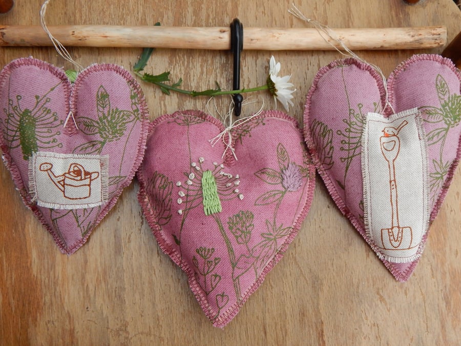 3 Naturally dyed hanging hearts - Gardening prints