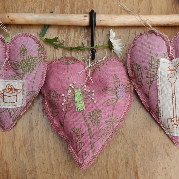 3 Naturally dyed hanging hearts - Gardening prints