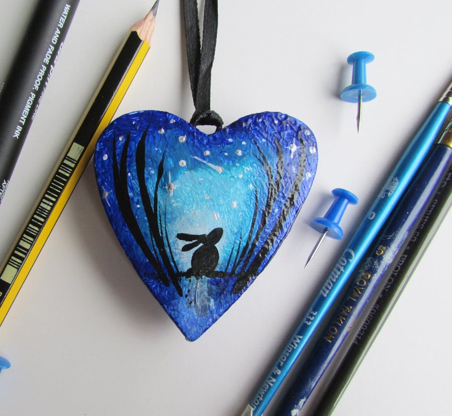 Hare Hanging Heart, Hare or Bunny in Moonlight wooden heart
