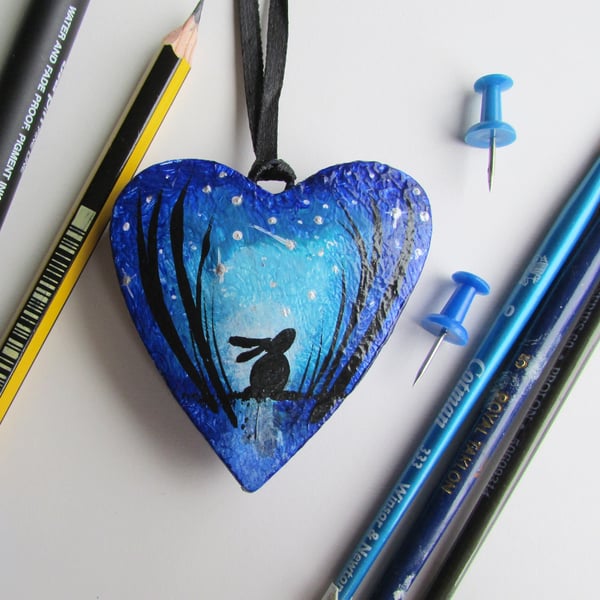 Hare Hanging Heart, Hare or Bunny in Moonlight wooden heart