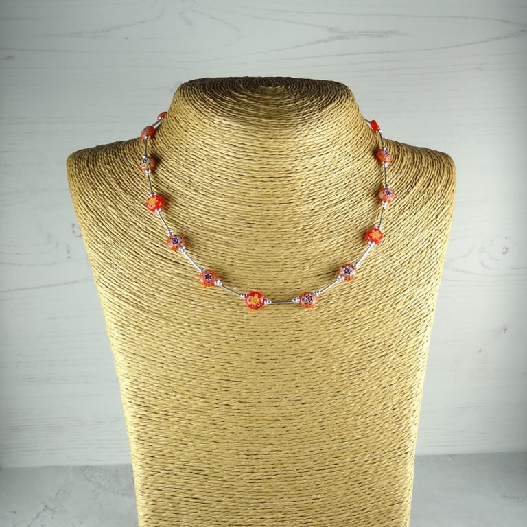 Red Millefiori-style glass coin beaded necklace, sterling silver, 8mm, 16.5 inch