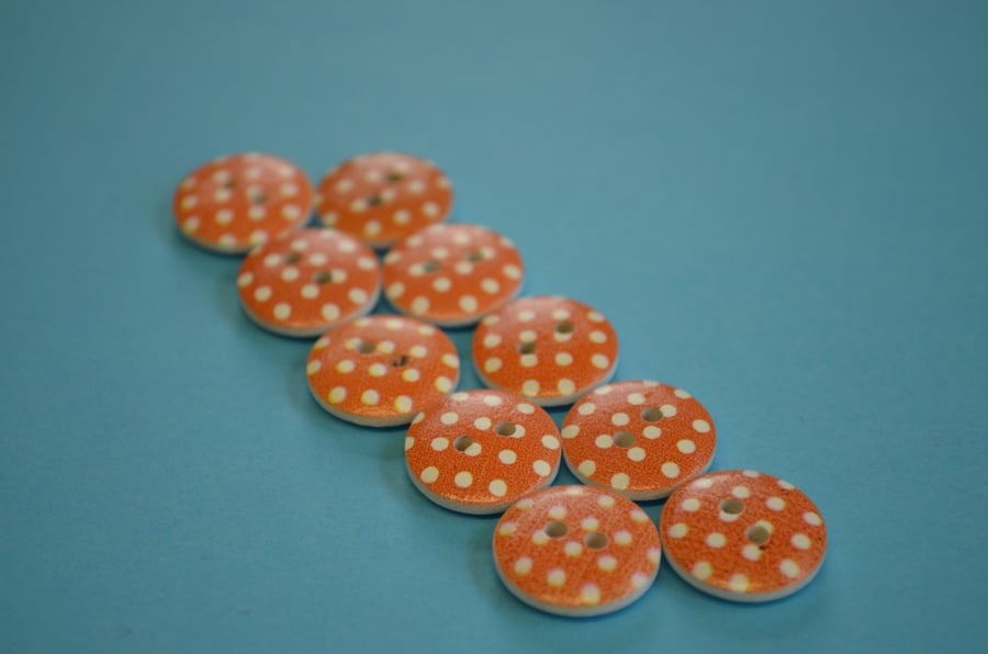 15mm Wooden Spotty Buttons Orange With White Dots 10pk Spot Dot (SSP11)
