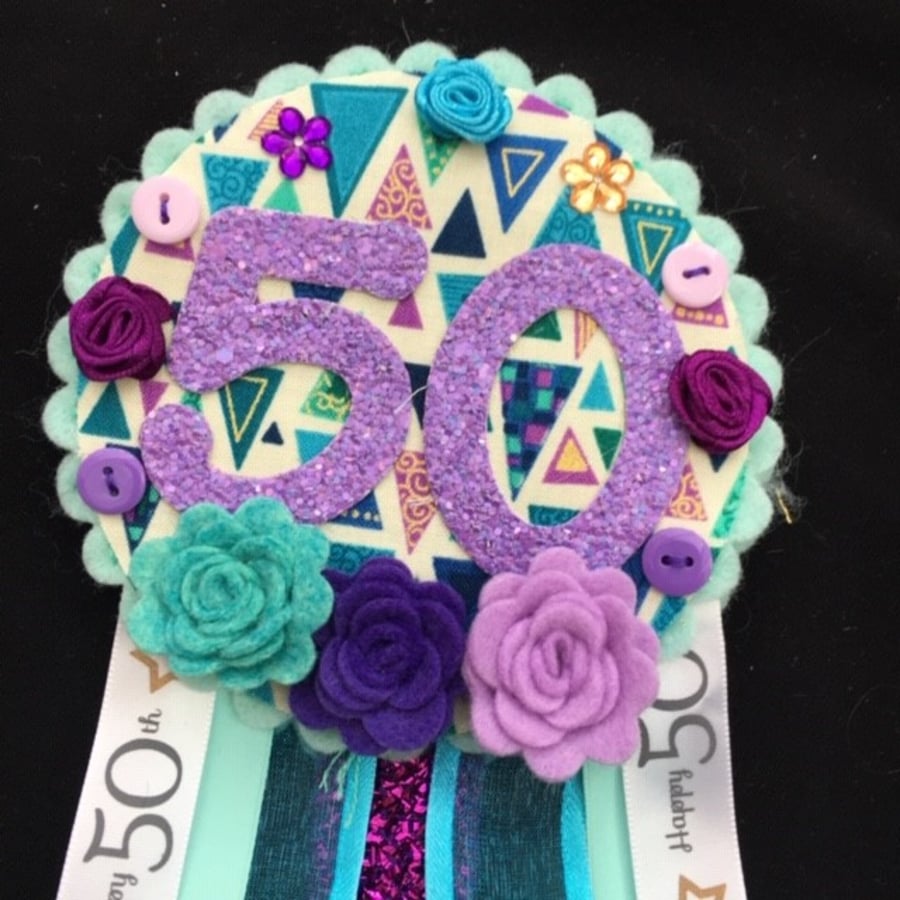 Birthday badge-Rosette Personalised - Floral theme - 50th- female