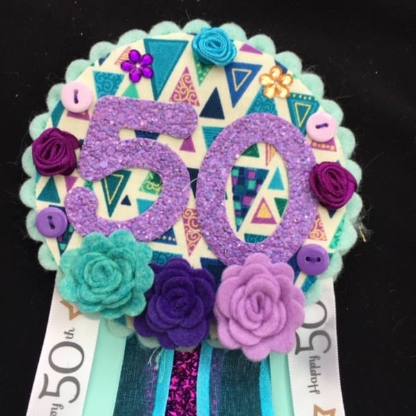Birthday badge-Rosette Personalised - Floral theme - 50th- female