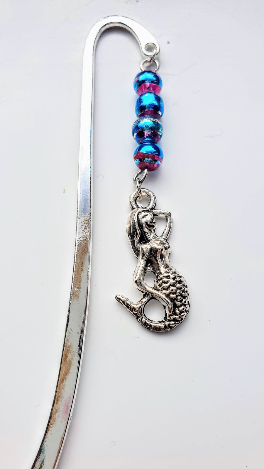Silver-plated Metal Bookmark with Drizzle Glass Beads and Mermaid Charm