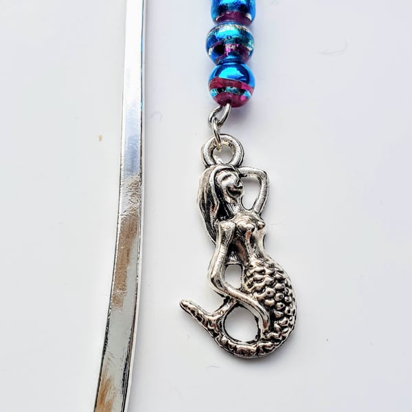 Silver-plated Metal Bookmark with Drizzle Glass Beads and Mermaid Charm
