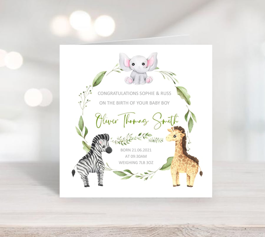 Personalised New Baby Card - Watercolour cute jungle animals