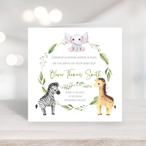 Personalised New Baby Card - Watercolour cute jungle animals