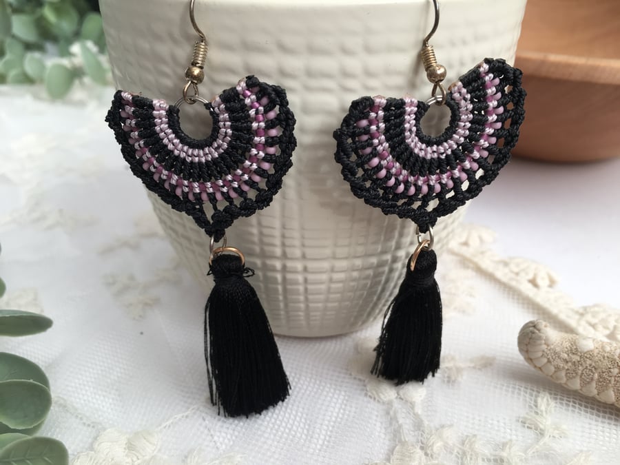 Spanish Fan macrame tassel beaded earrings , boho jewellery, party accessories