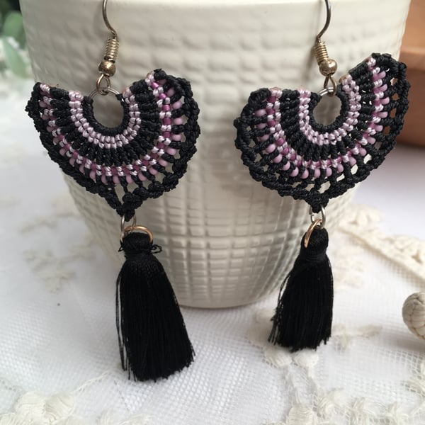 Spanish Fan macrame tassel beaded earrings , boho jewellery, party accessories