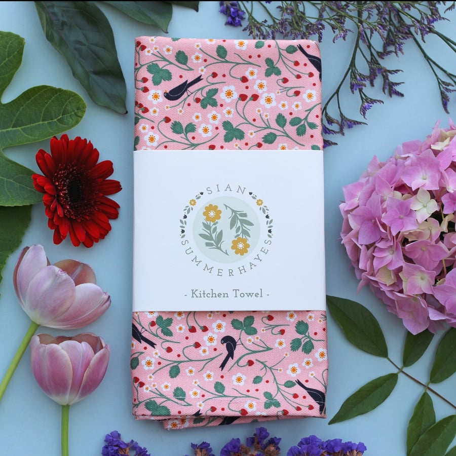 Image of Wild Strawberry & Blackbirds Tea Towel - Colourful Cotton Kitchen Towel - Floral