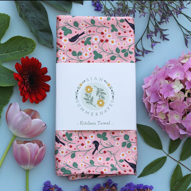 Wild Strawberry & Blackbirds Tea Towel - Colourful Cotton Kitchen Towel - Floral